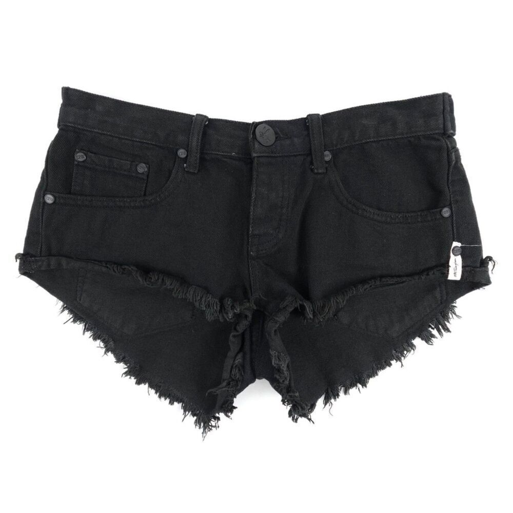 ONE TEASPOON No 2s Low Waist Jean Short Raw Curved Hem Black Denim Boho Grunge